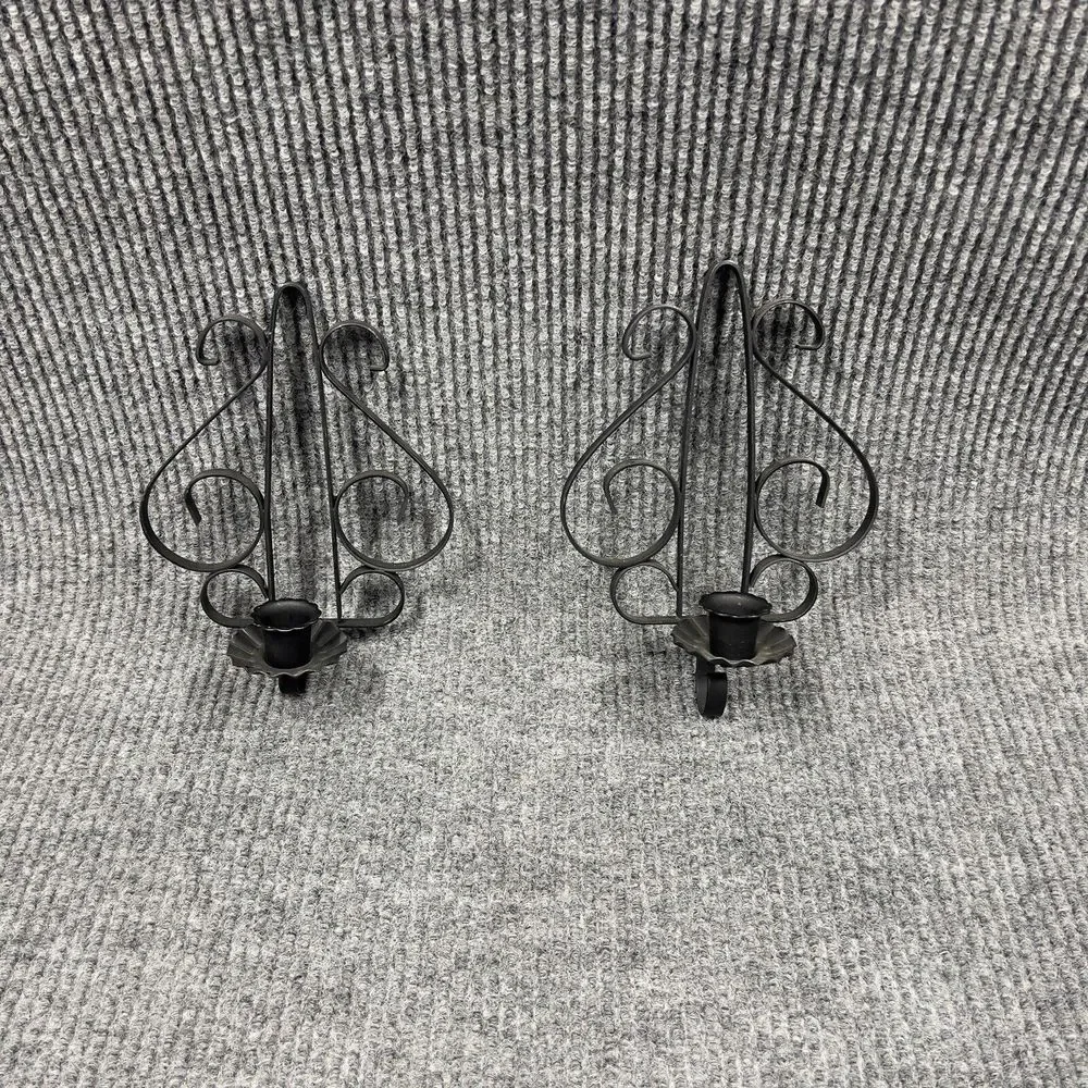 Vintage MCM Spanish Gothic Wall Hanging Black Wrought Iron Candle Holder Set